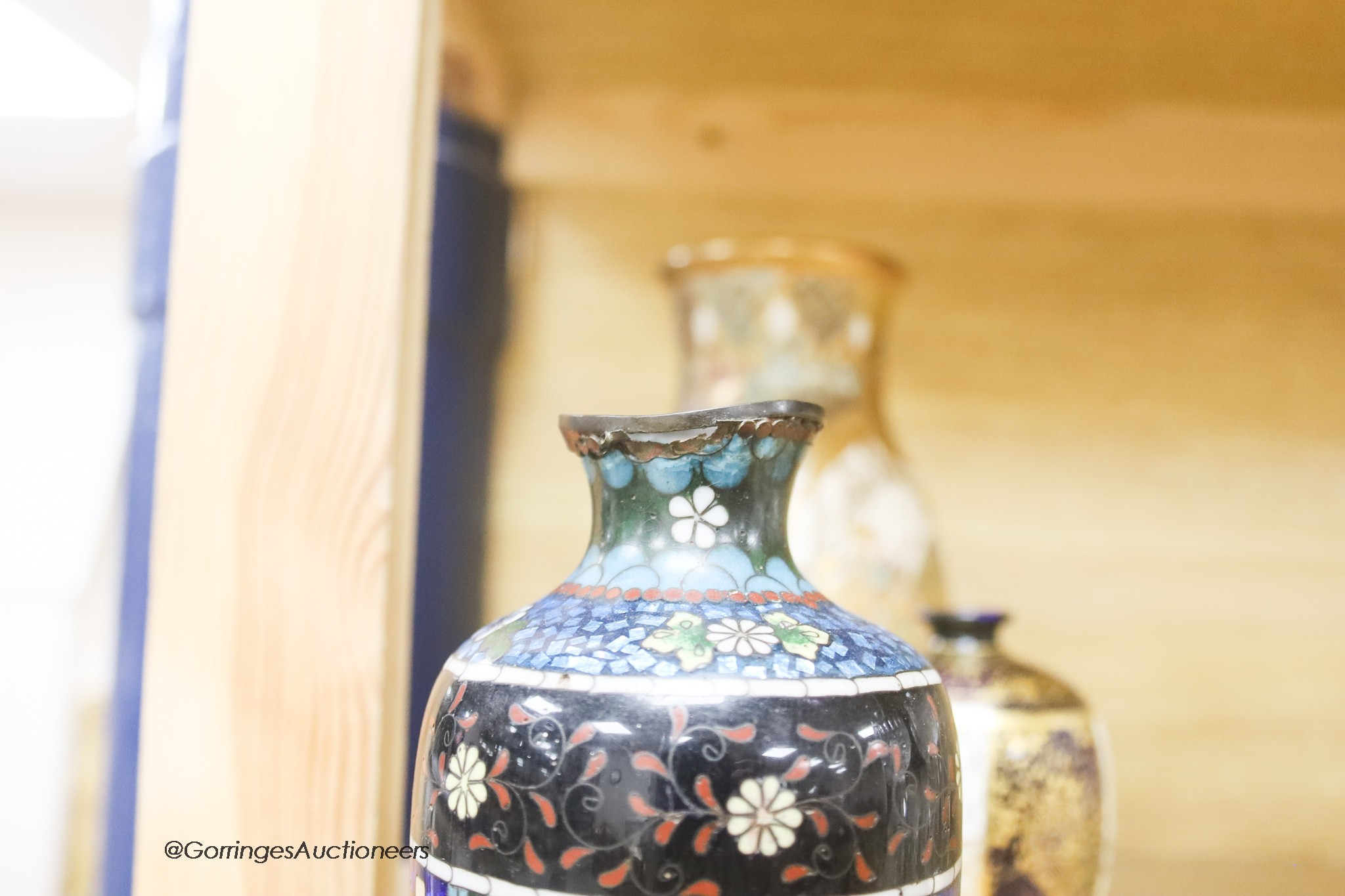 A pair of Satsuma vases, two other Satsuma vases and a cloisonne vase, tallest 23cm